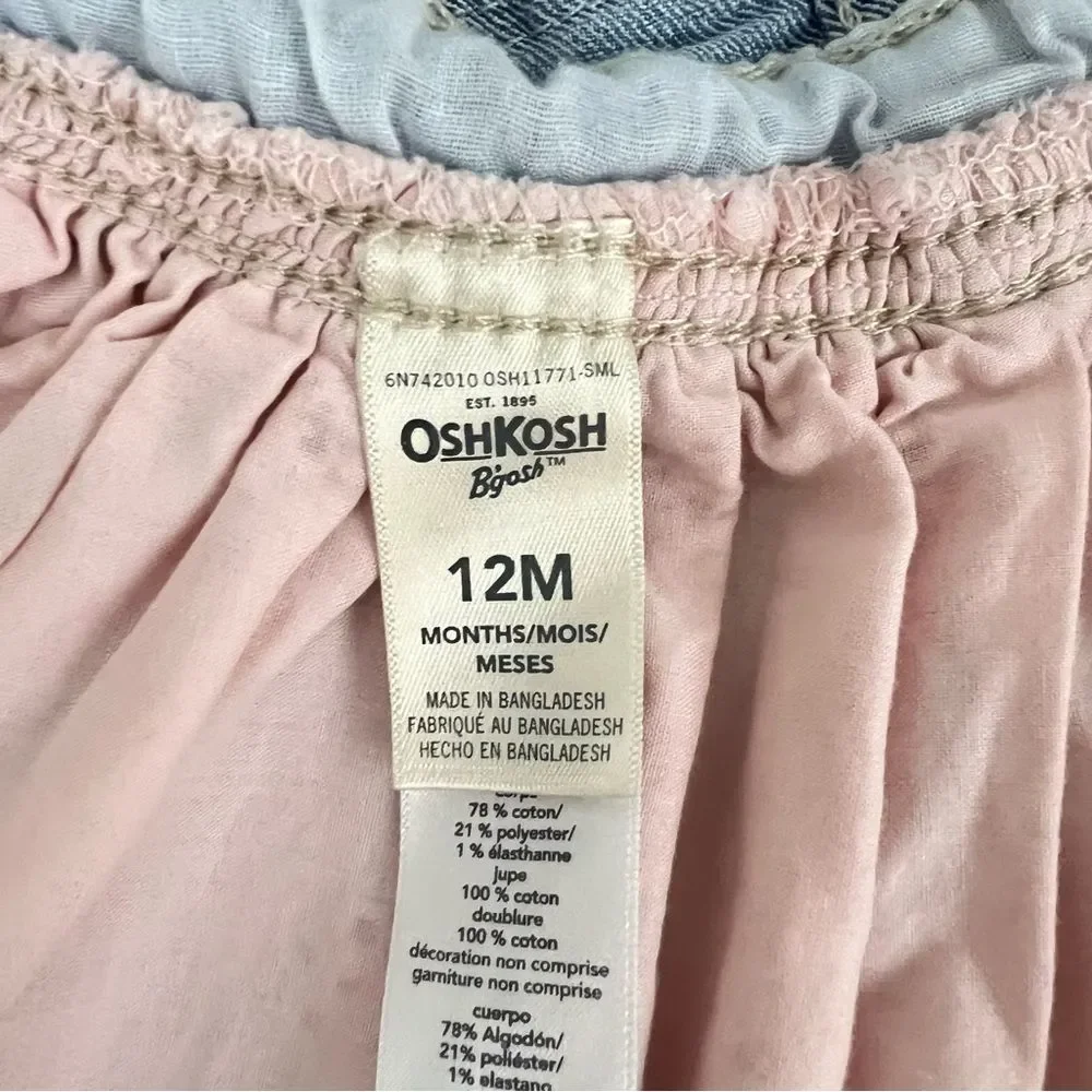 OshKosh B'gosh Denim and Eyelet Overall Dress Size 12 Months Pink